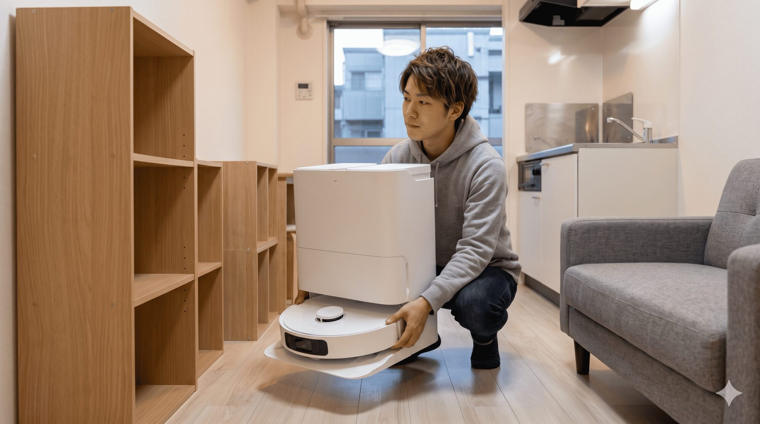 日本のコンパクトなワンルームマンションの一室。若い日本人男性が、多機能な大型ロボット掃除機ステーションを、既存の木製シェルフとソファの間の限られたスペースに設置できるか、考え込みながら確認している。