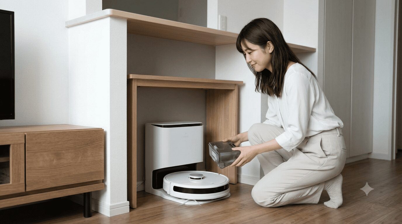 1LDKの部屋でコンパクトなロボット掃除機ステーションからダストビンを取り出す日本人女性
