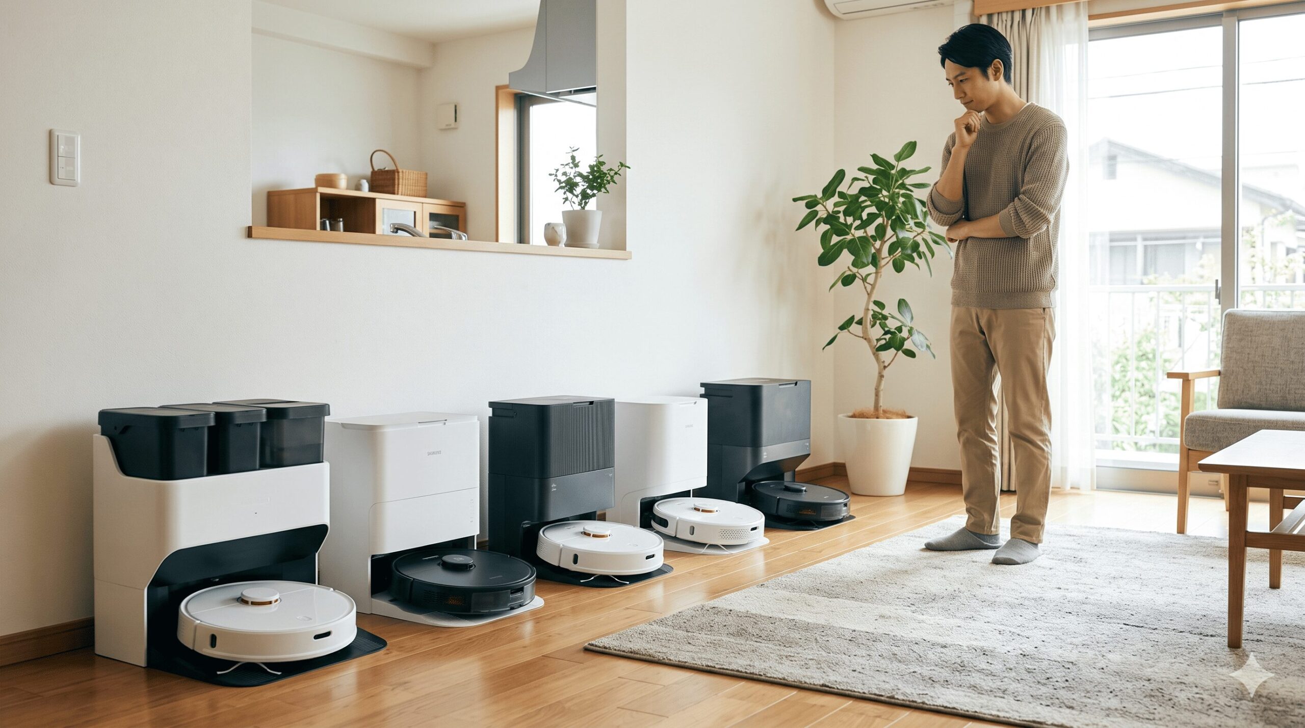 明るいモダンな日本のリビングルームで、フローリングとラグの上に並べられた複数の異なるロボット掃除機と大型ドッキングステーションを、カジュアルな服装の日本人男性が比較検討している様子