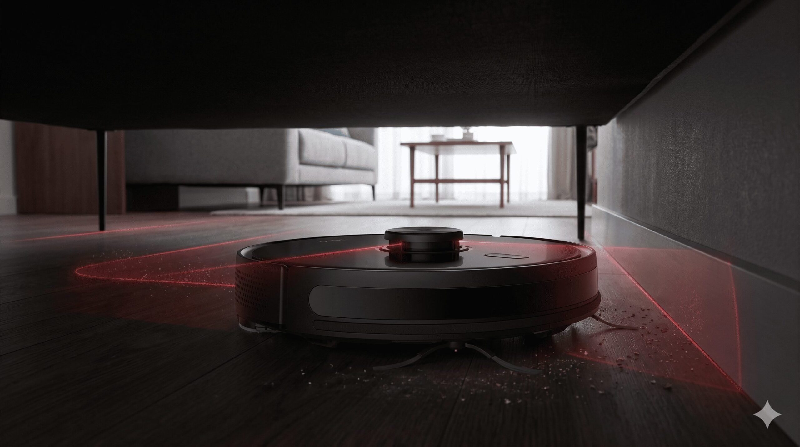 一人暮らしの薄暗いソファー下を、LiDARナビゲーションを搭載した薄型ロボット掃除機（Tapo RV20）が正確にマッピングしながら清掃する様子。突起のないフラットな設計が際立つ。