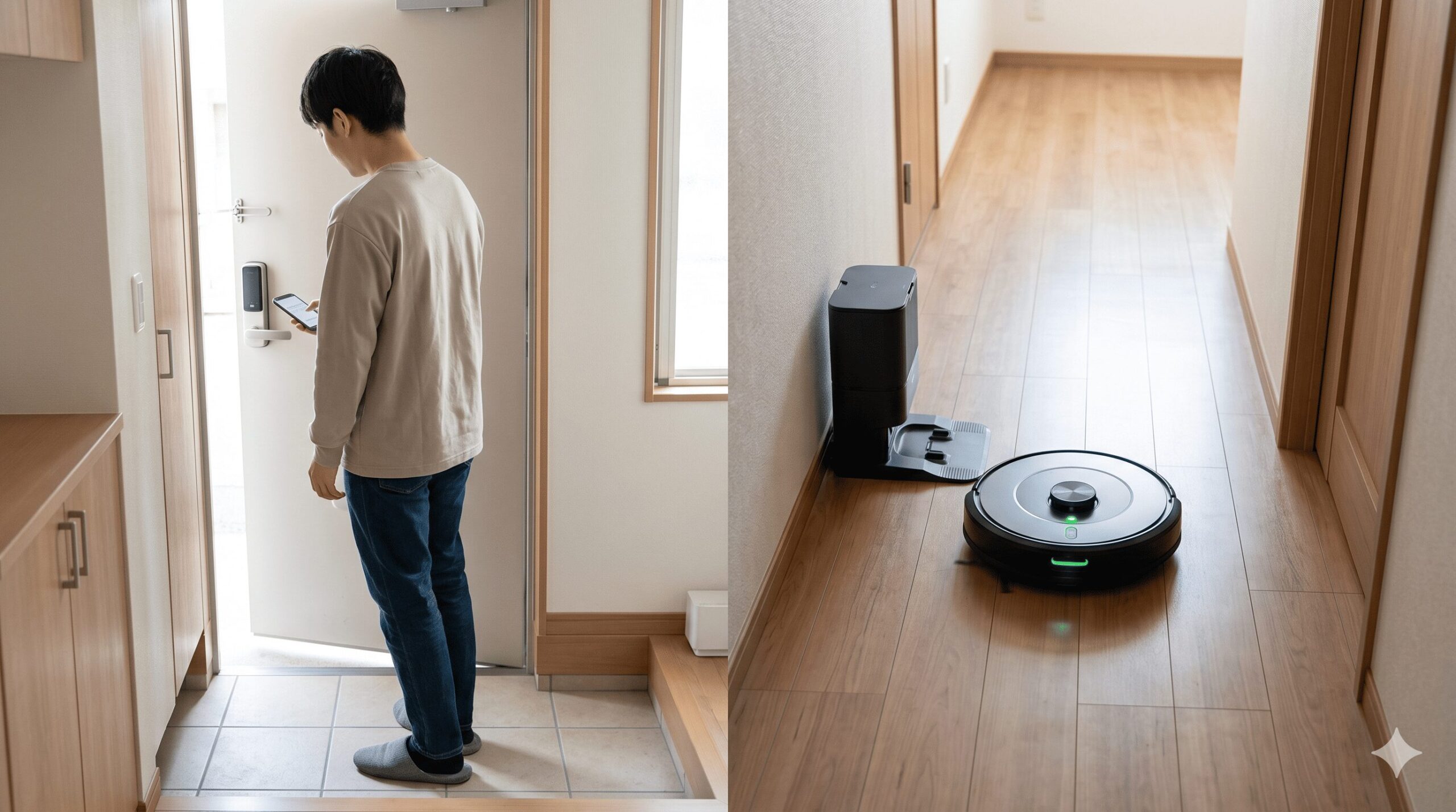 外出時に玄関のスマートロックと連動し、自動で掃除を開始するMatter対応ロボット掃除機。