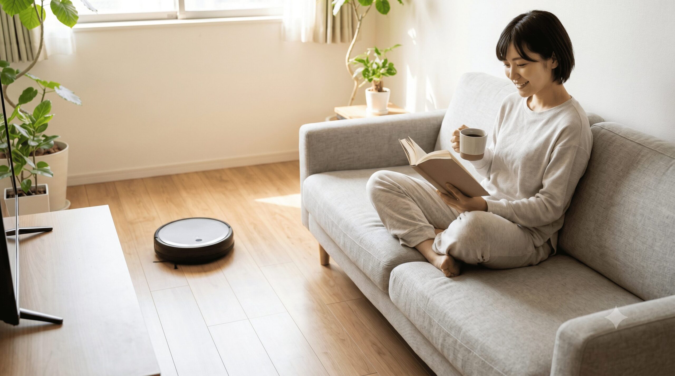 清潔な一人暮らしの部屋で、ロボット掃除機が稼働する横でリラックスして読書を楽しむ日本人女性。