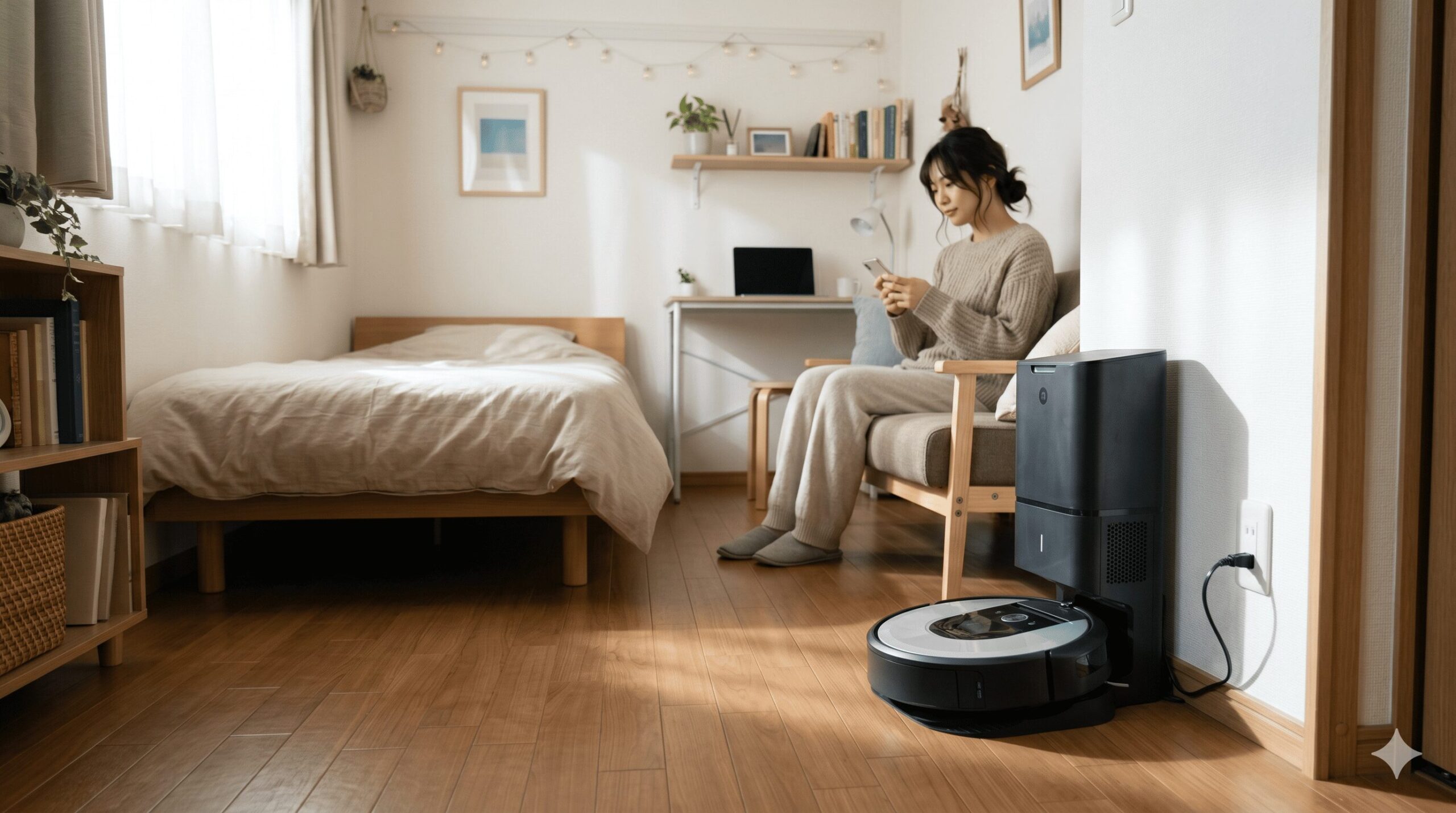 一人暮らしの1Kアパートで、壁のコンセントに常時接続された充電ステーションに停まっているロボット掃除機。ソファに座る日本人女性がスマートフォンを操作しており、日常的な電源管理の様子を描写。