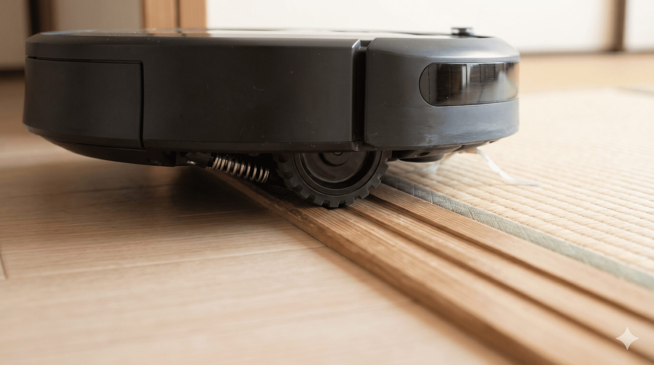 ロボット掃除機の駆動輪が、フローリングから畳へと続く2cmの敷居を乗り越える瞬間のローアングル写真。サスペンションが働き、車輪が沈み込んでいる。