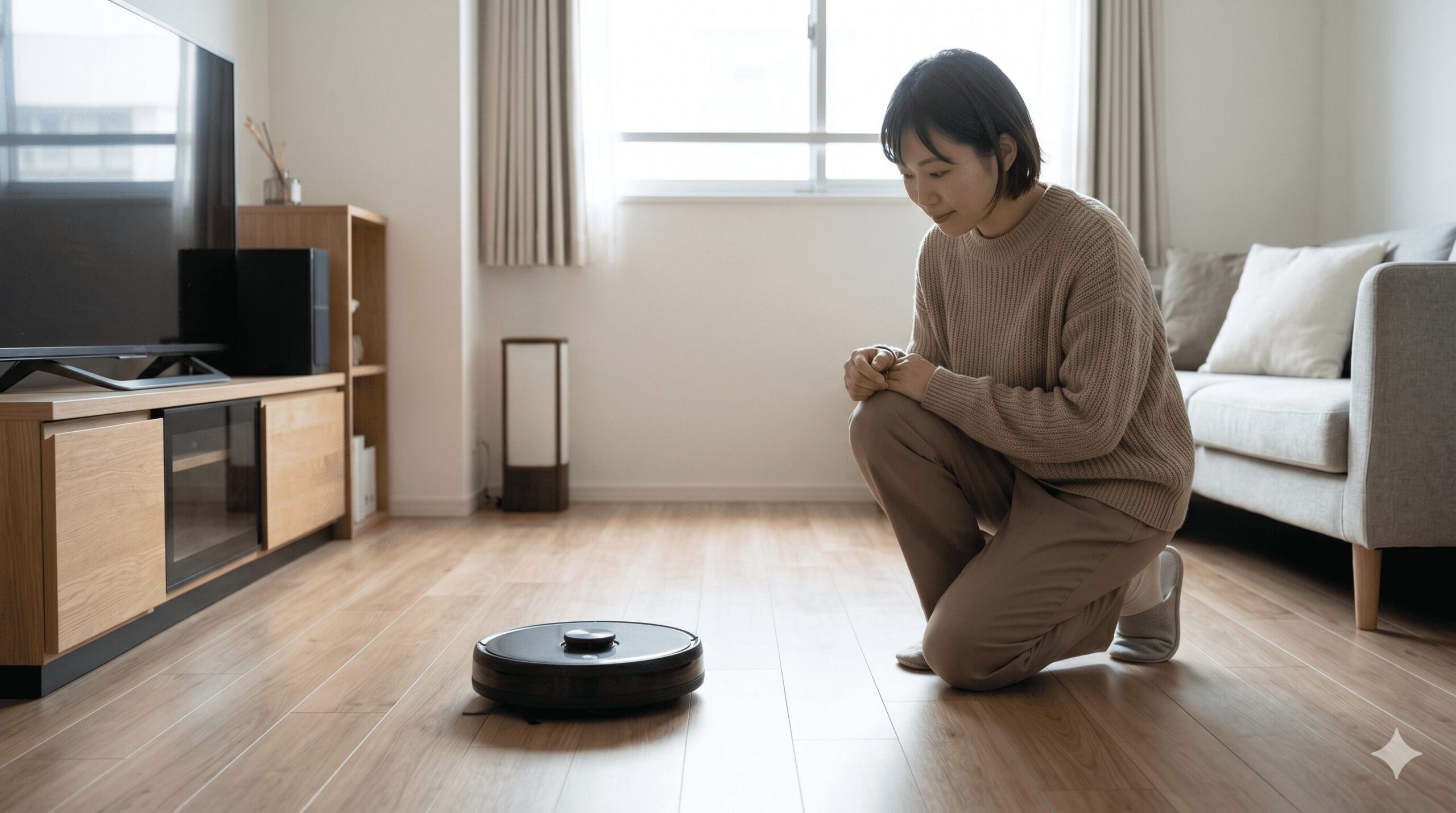 一人暮らしの整理されたワンルームで、笑顔で最新のロボット掃除機を見つめる女性。フローリングを掃除する様子。