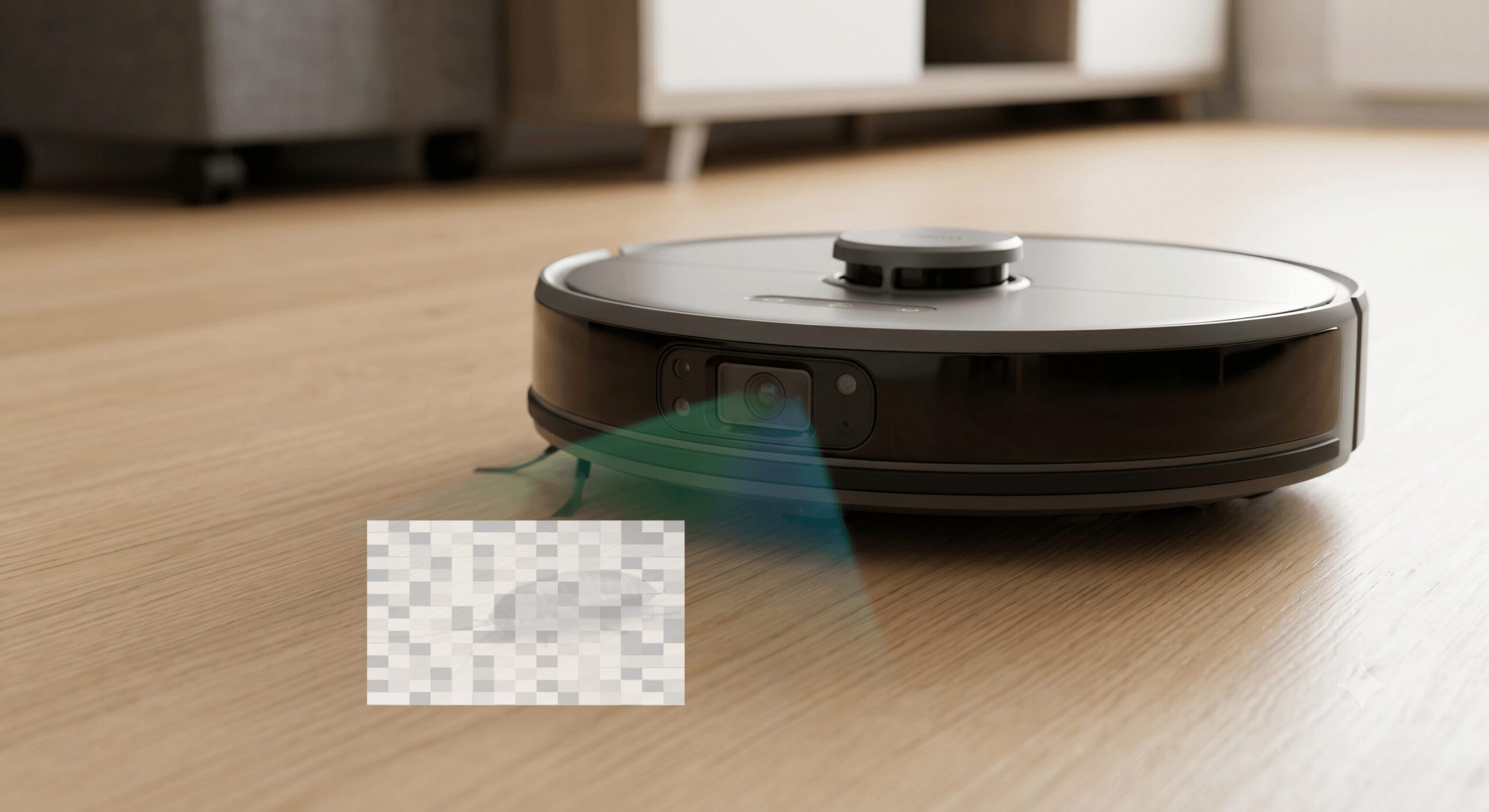 最新のAI搭載ロボット掃除機が、木目調のフローリング上にある大きなゴキブリをセンサー（検知光）で検知し、その直前で止まり、方向転換して避ける様子。AI回避機能が虫との接触を防ぐ可能性を示すイメージ。