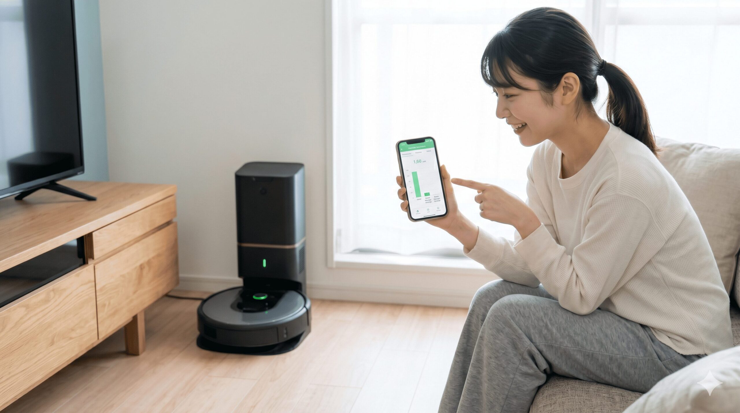 充電ステーションに停まっているロボット掃除機の横で、スマートフォンに表示された省エネ家計簿アプリのグラフ(最小限のバー)を見て安堵して微笑む日本人女性。待機電力が非常に低いことを視覚化。