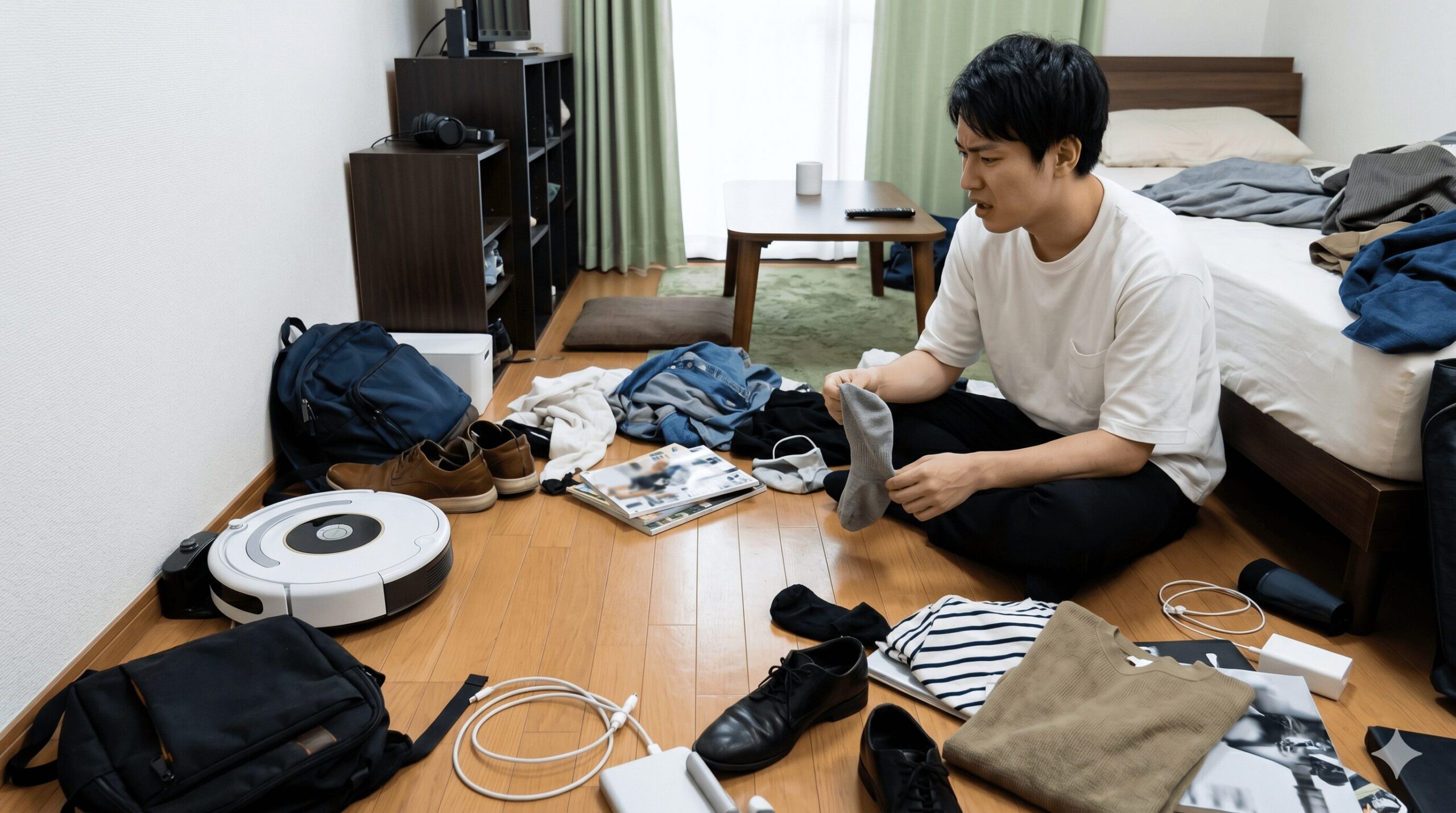 一人暮らしの散らかったワンルームで、床の片付けを面倒に感じている日本人男性と、隅に止まっているロボット掃除機。