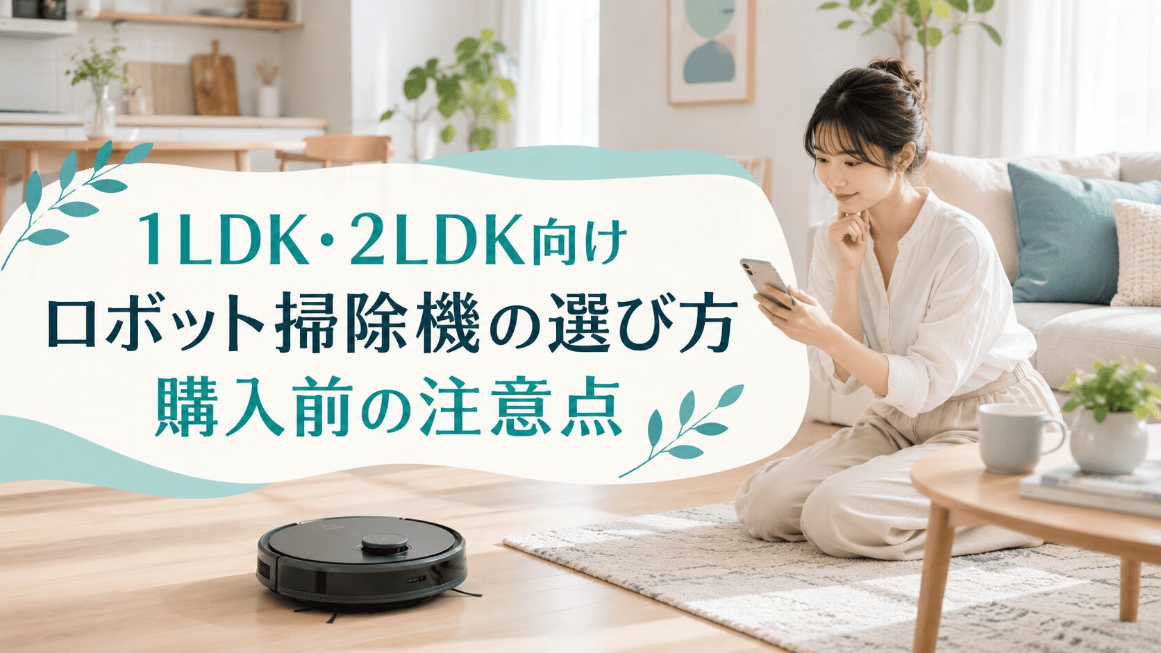 1LDK・2LDK向けの部屋で、ロボット掃除機をスマホで比較検討する女性と購入前の注意点を示したイメージ