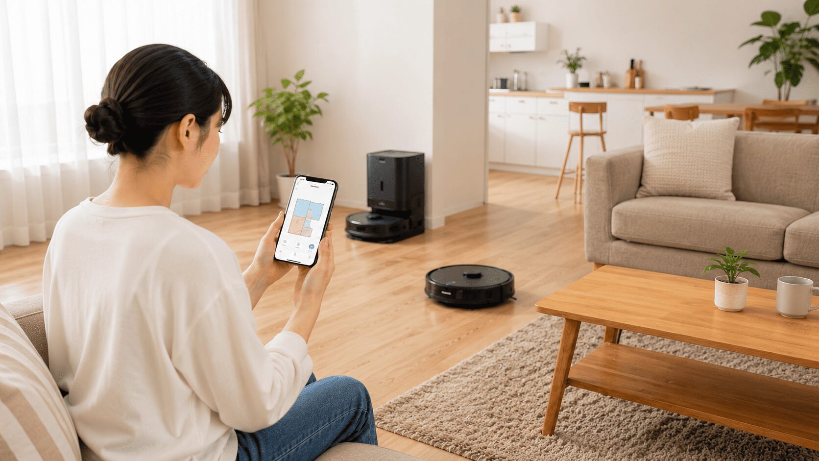 スマホアプリでロボット掃除機を操作する一人暮らしの部屋