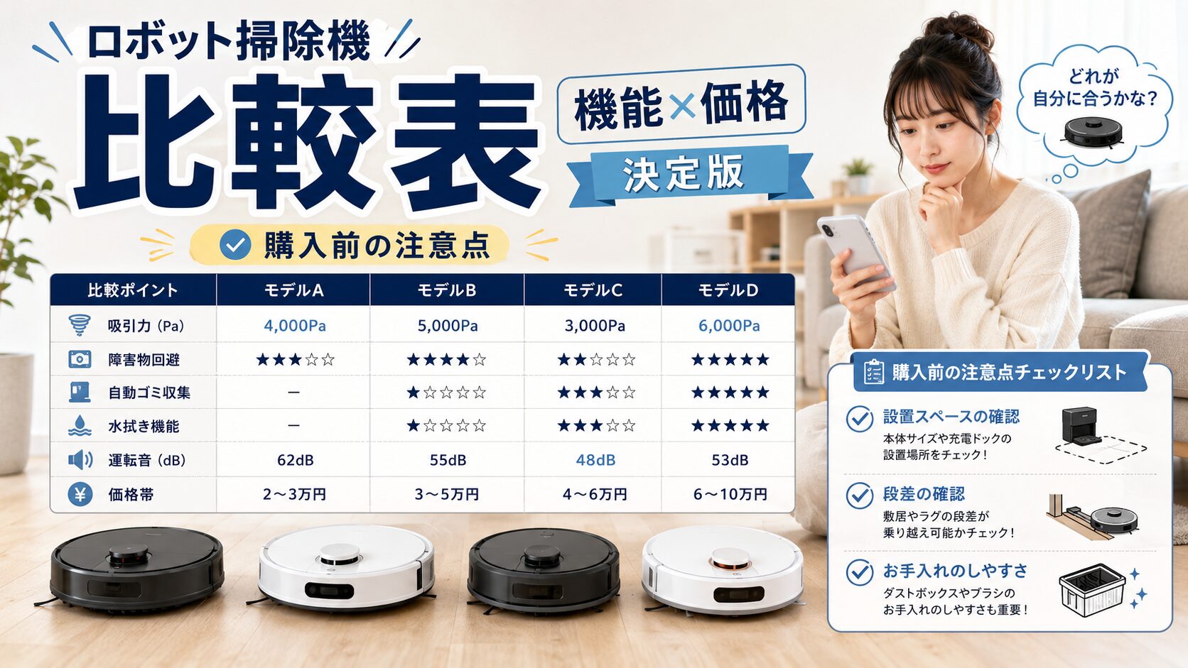 ロボット掃除機の比較表を見ながら、機能・価格・購入前の注意点を確認して選ぶ女性と複数モデルのイメージ