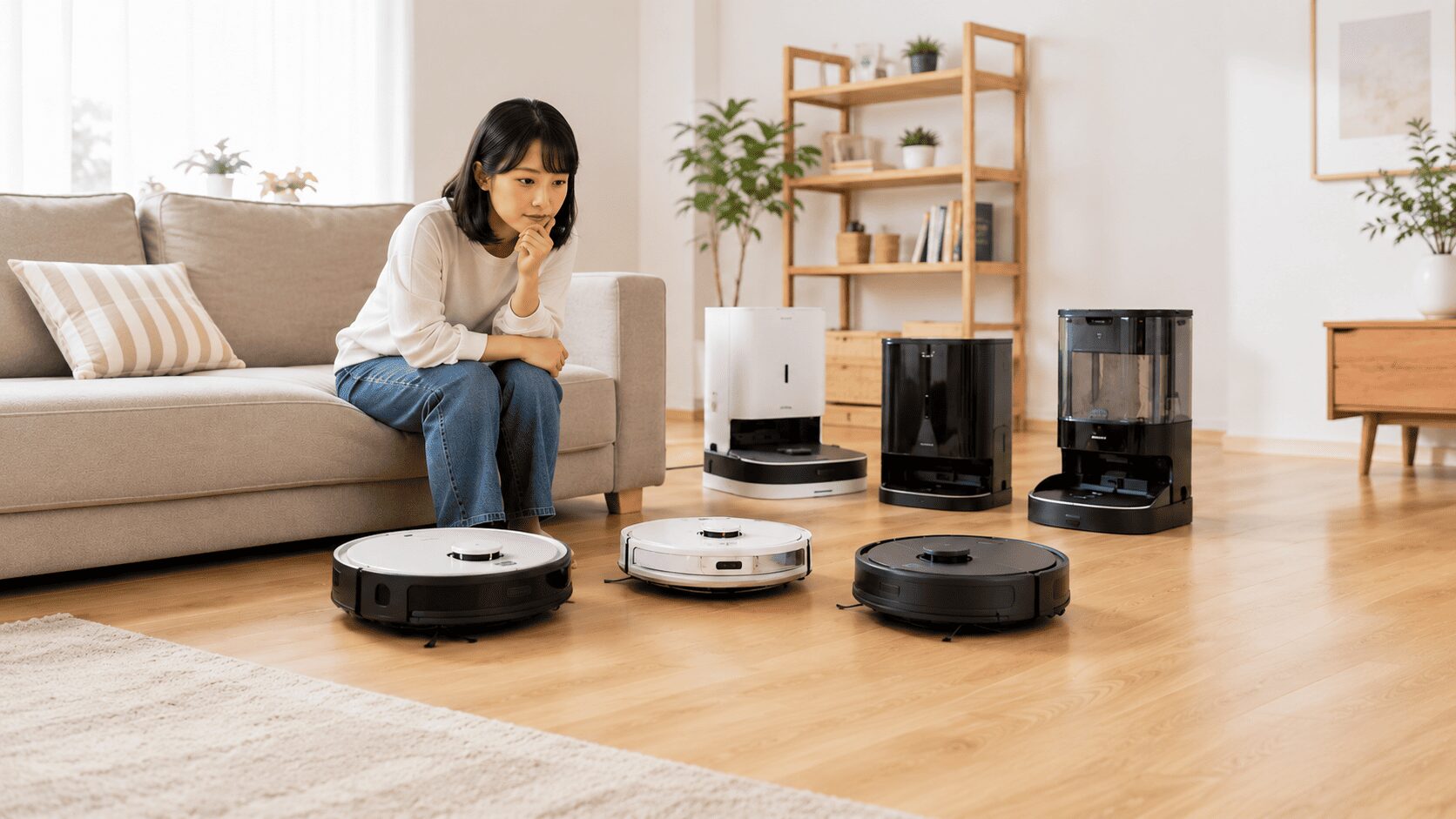 日本人女性が一人暮らし向けロボット掃除機を比較して選ぶ様子