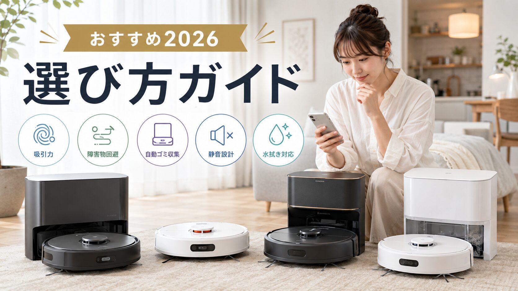 2026年向けロボット掃除機の選び方を比較する女性と複数のおすすめモデルのイメージ