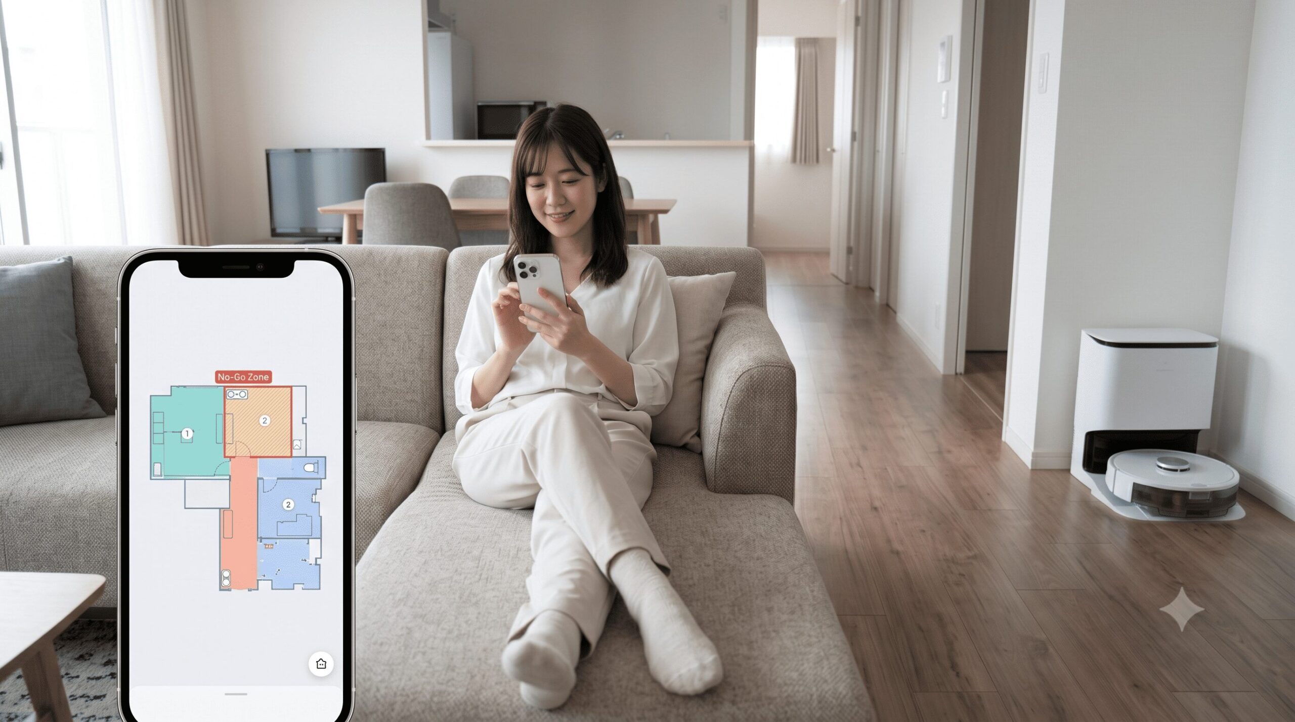 ソファでスマートフォンアプリの進入禁止エリア設定を確認する日本人女性とロボット掃除機のマップ