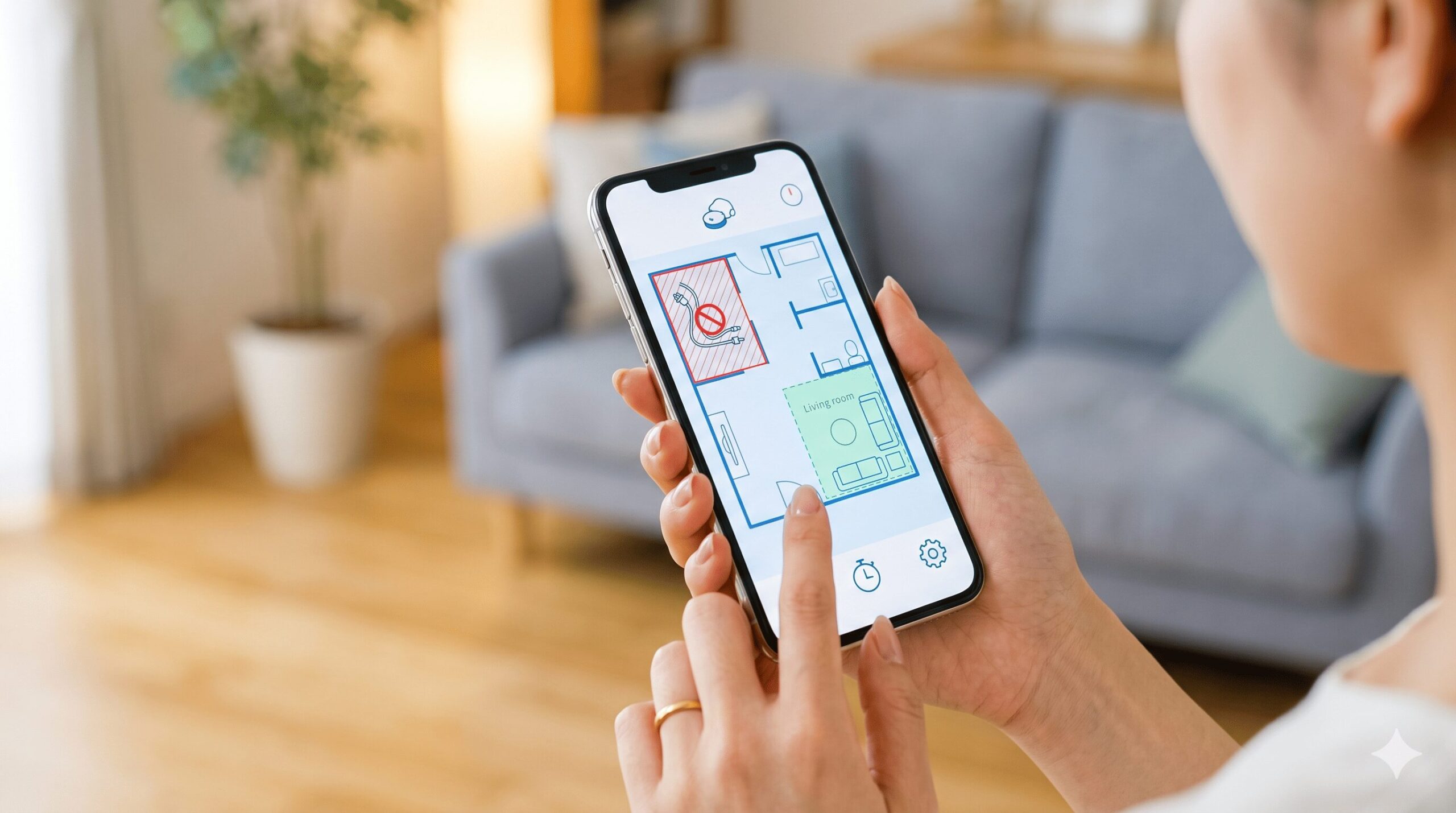 明るい日本のリビングルームで、日本人女性の手がスマートフォンを持っているクローズアップ。画面にはロボット掃除機のアプリが表示されており、家の間取り図上で赤い進入禁止エリアや青い清掃エリアが設定されている。画面には文字やロゴはない。