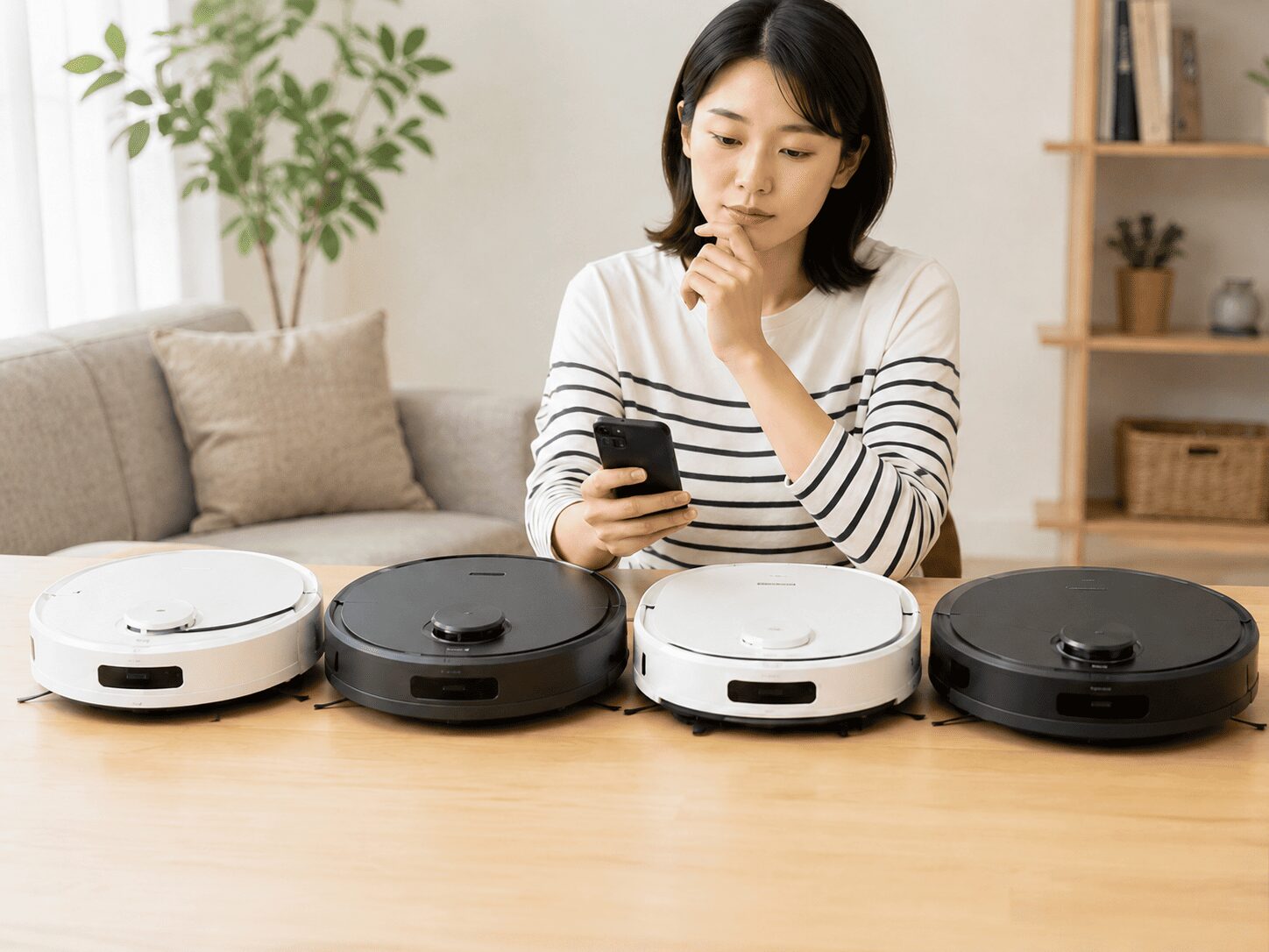 日本人女性が複数の低価格ロボット掃除機を比較し、スマホで機能や価格を確認する様子