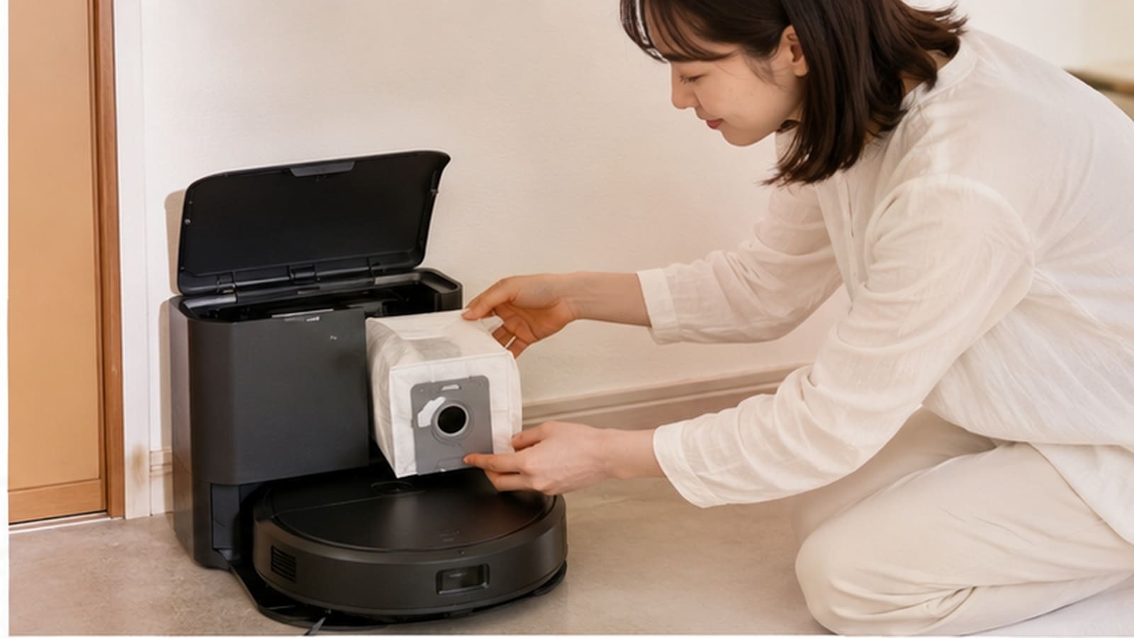 自動ゴミ収集ステーションの紙パックを交換する日本人女性と吸引専用ロボット掃除機