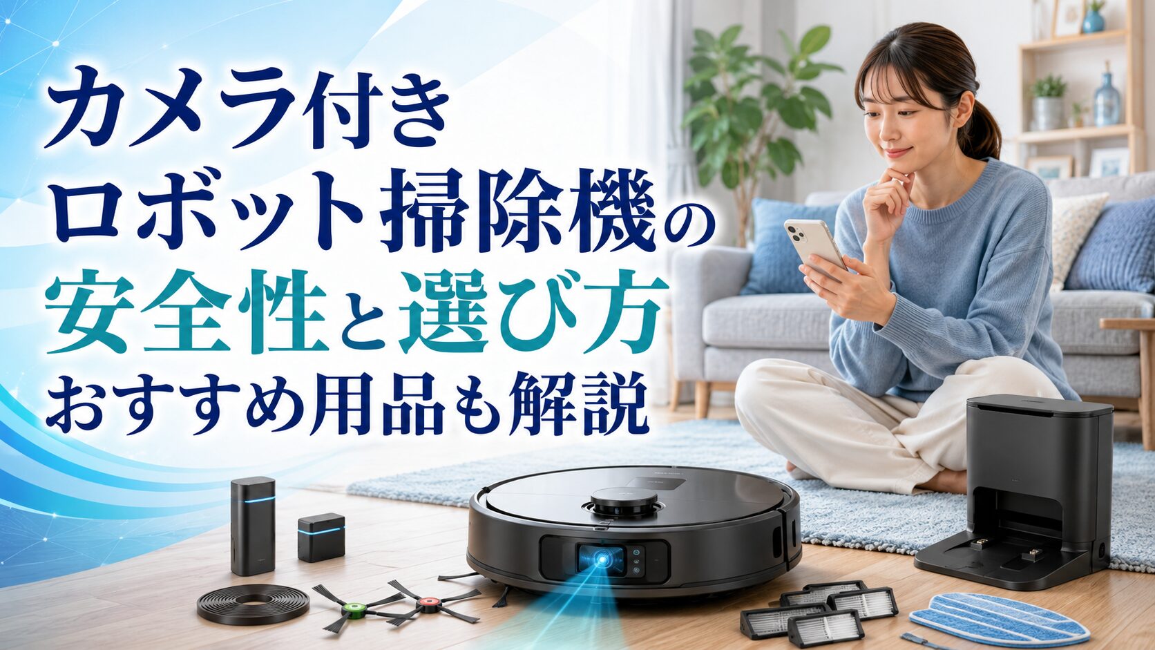 カメラ付きロボット掃除機の安全性や選び方を、スマホで確認する女性と本体・関連用品とともに示したイメージ