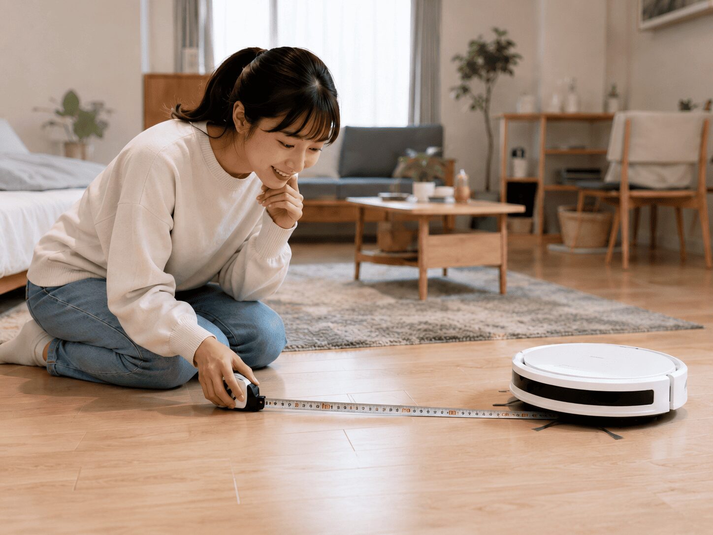 小型ロボット掃除機の本体サイズをメジャーで確認する日本人女性。狭い部屋や一人暮らし向けの選び方をイメージした画像