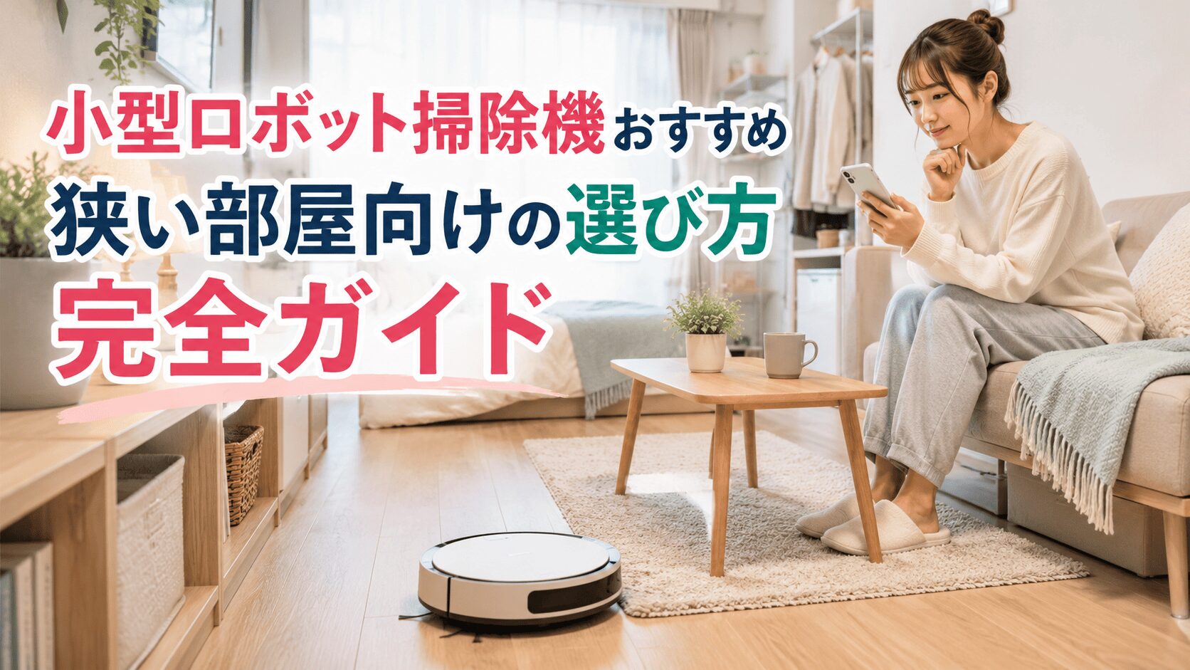 狭い部屋向けの小型ロボット掃除機を、ワンルーム風の部屋でスマホを見ながら選ぶ女性のイメージ