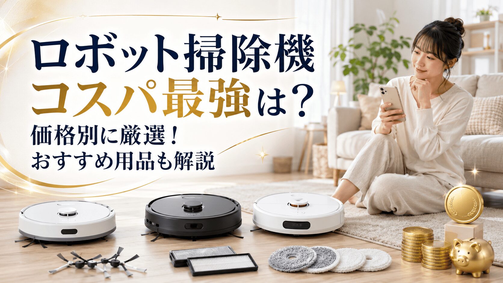 コスパ重視でロボット掃除機を比較する女性と、価格帯別の本体やおすすめ用品を並べたイメージ