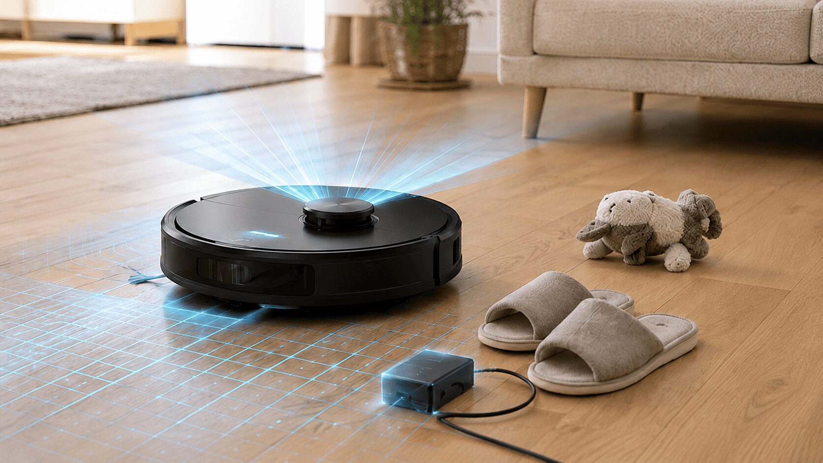 LiDAR搭載ロボット掃除機が部屋をマッピングしながら障害物を検知して掃除する様子