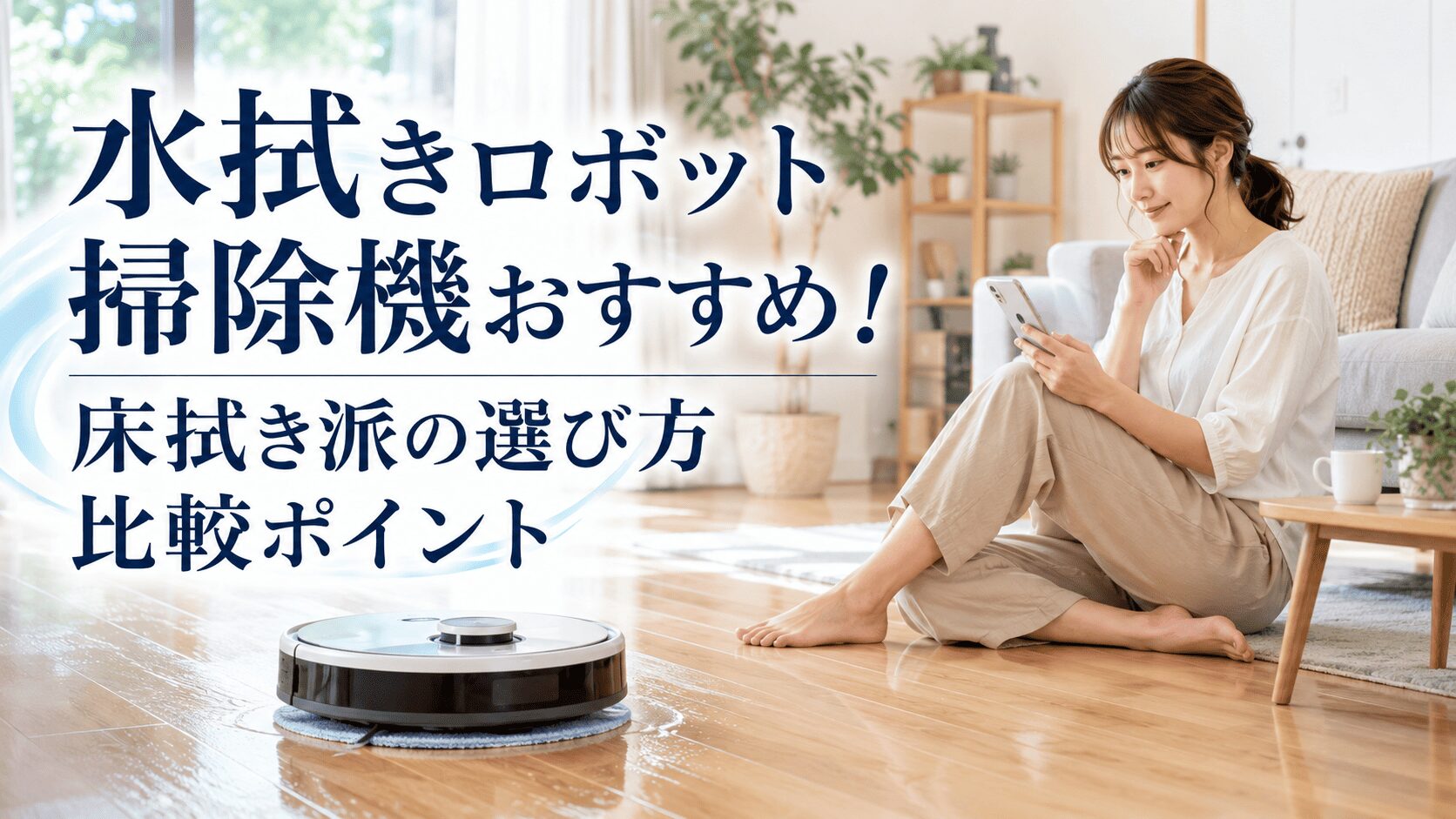 水拭きロボット掃除機がフローリングを拭き掃除し、床拭き派の女性がスマホで選び方を確認するイメージ
