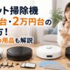 1万円台・2万円台のロボット掃除機を、交換用ブラシやフィルター、モップとともに比較する女性のイメージ