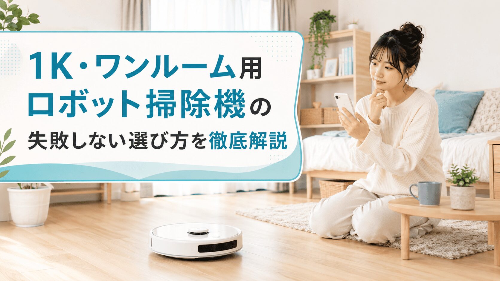 1K・ワンルームの部屋でロボット掃除機を比較しながら、失敗しない選び方をスマホで調べる女性のイメージ