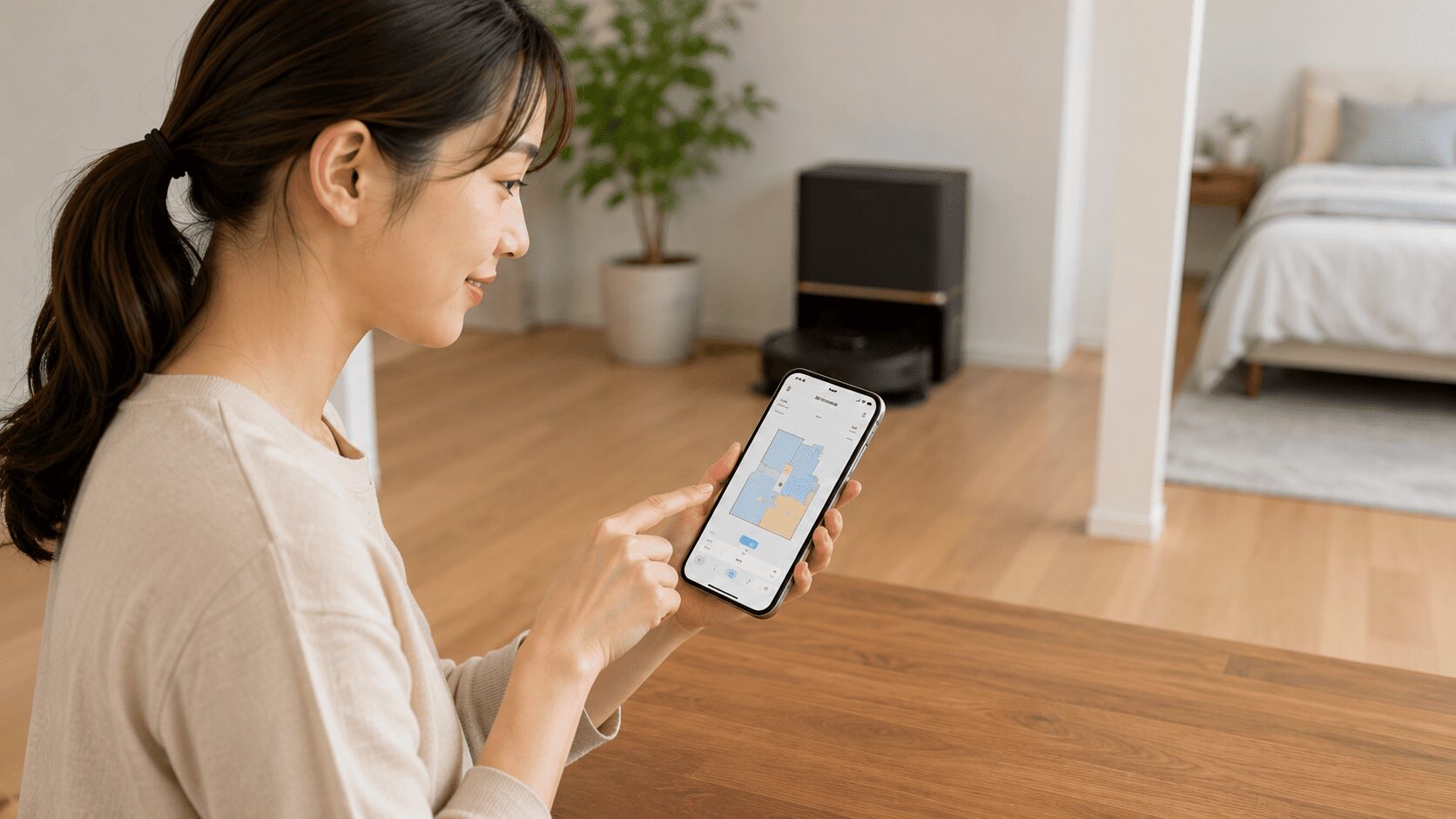 日本人女性がスマホアプリでロボット掃除機のマッピング設定を確認している様子