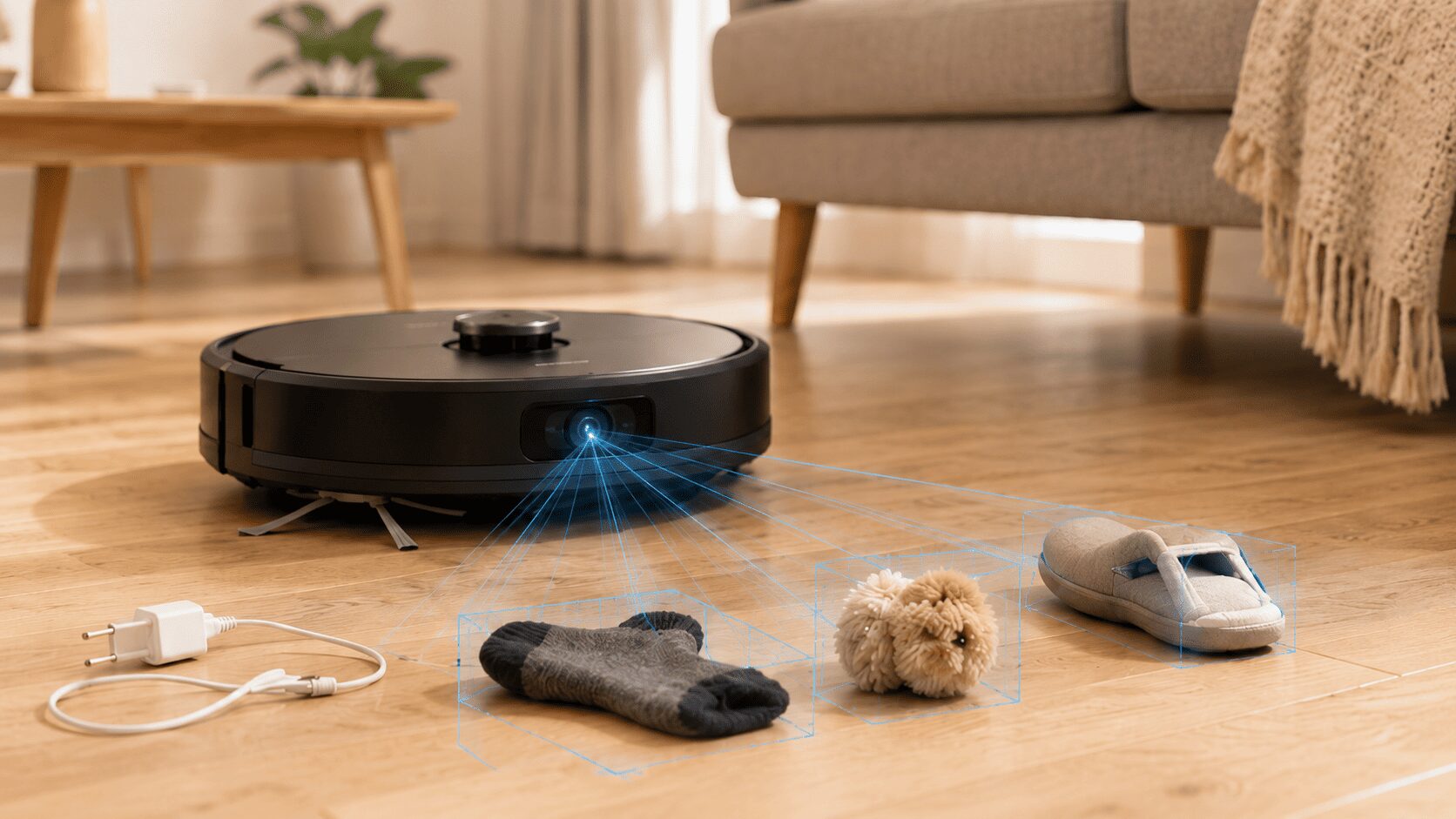 カメラ付きロボット掃除機が床のケーブルや小物を検知して避ける様子