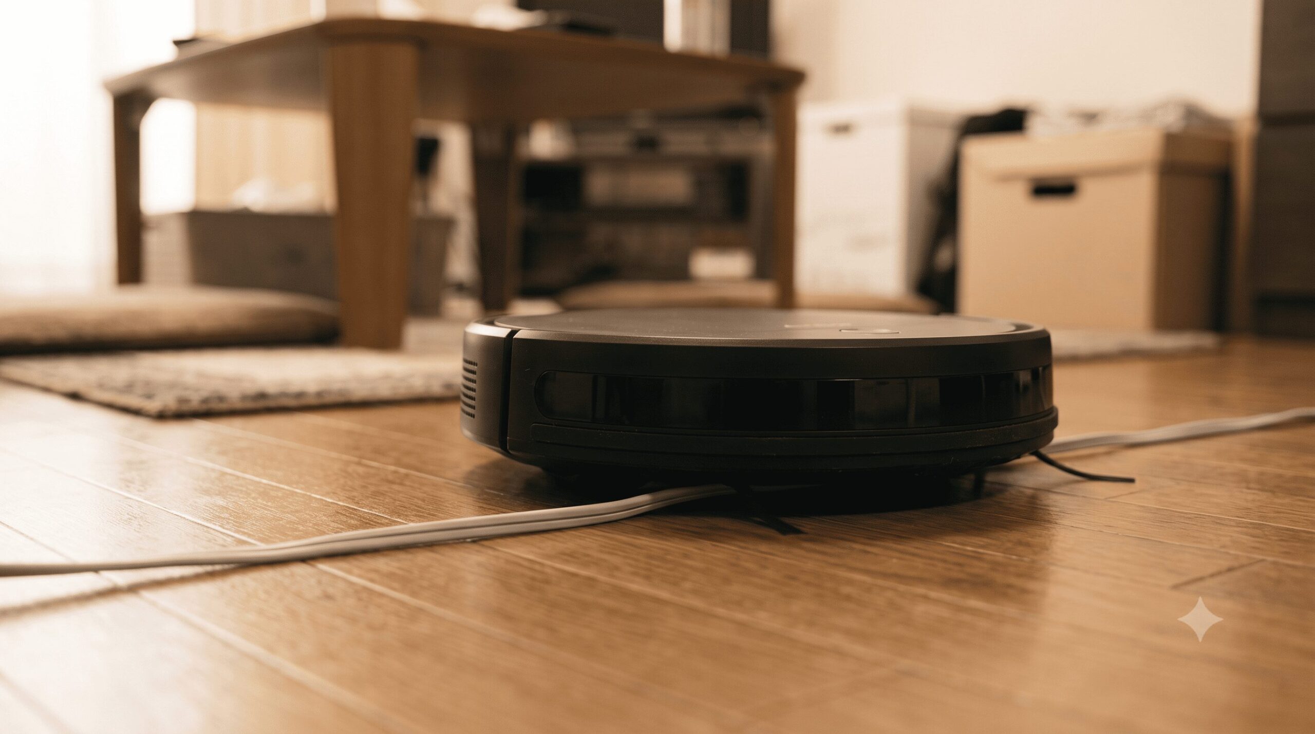 床の電源コード（ケーブル）に引っかかったロボット掃除機