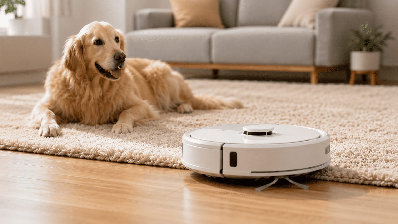 犬のいるカーペットを掃除するペット毛対応ロボット掃除機