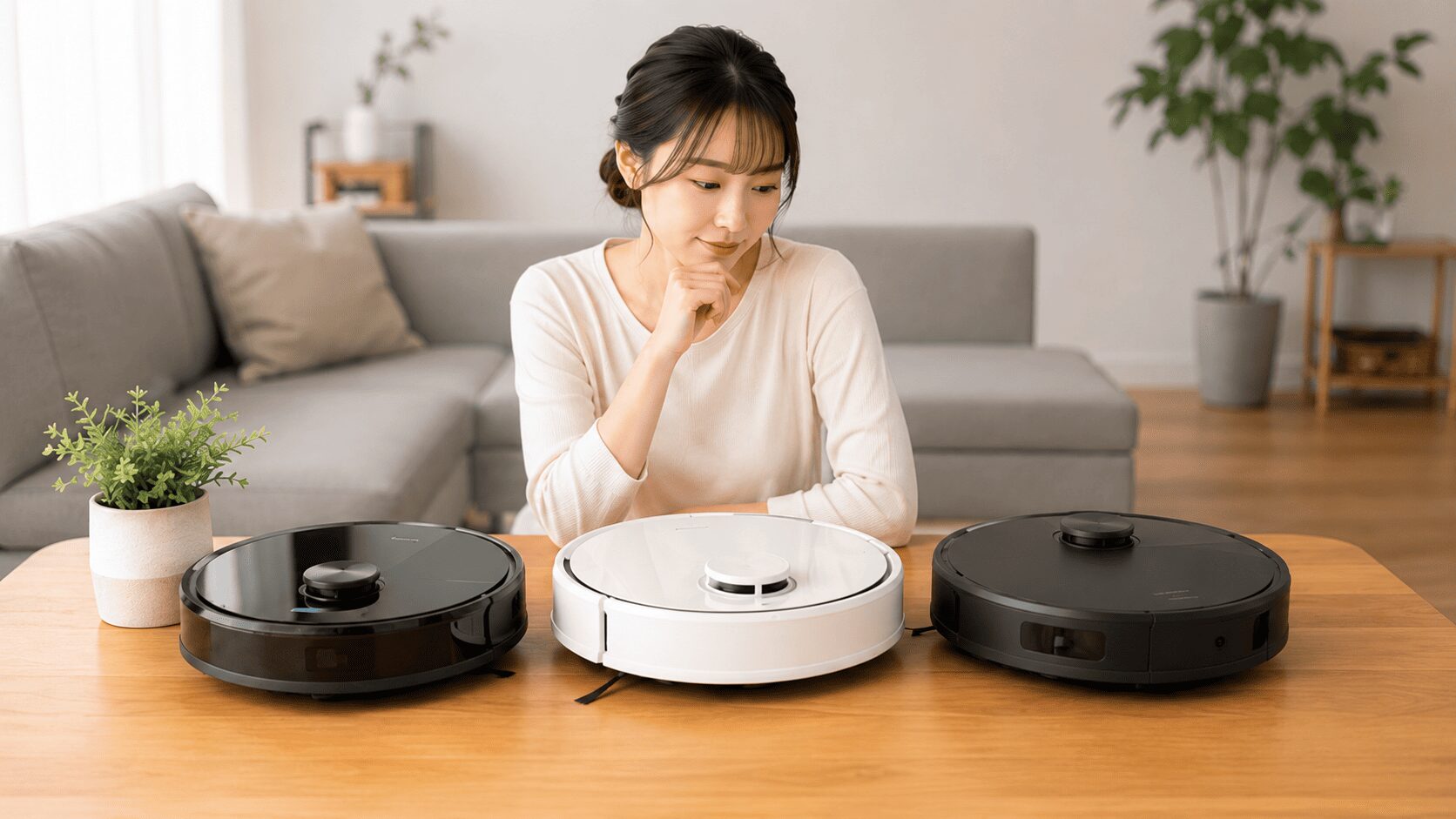 ロボット掃除機のコスパを比較しながら、自分の部屋に合う機種を選ぶ日本人女性