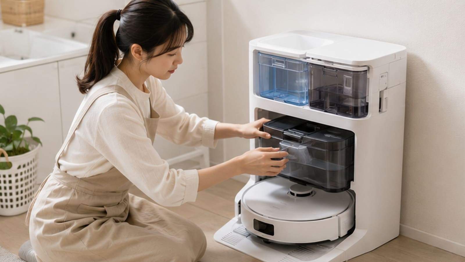 全自動ロボット掃除機の汚水タンクを手入れする日本人女性