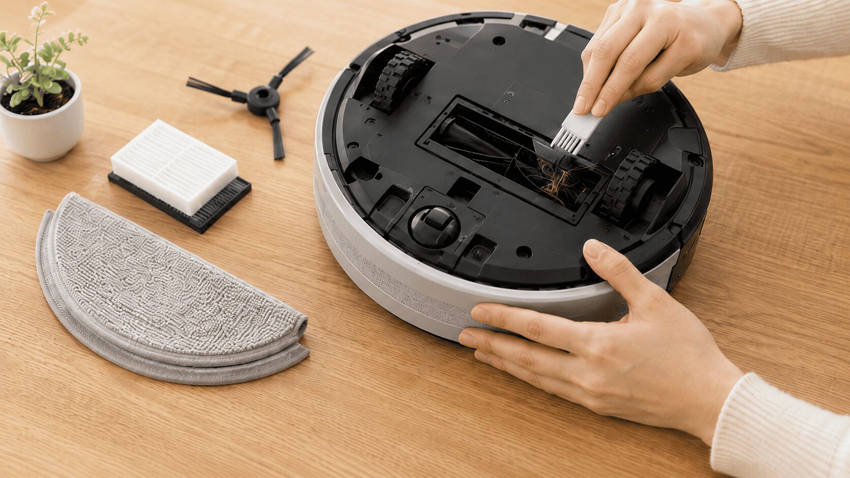 ロボット掃除機のブラシを清掃し交換用品を確認する様子