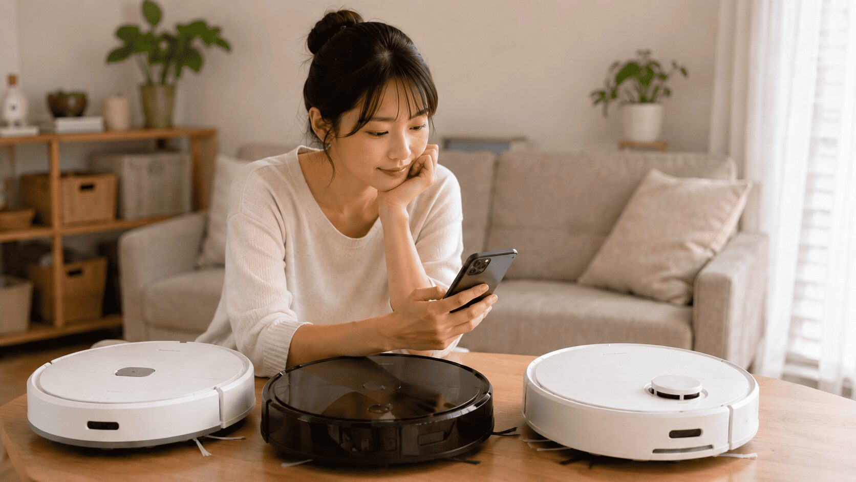 スマホを見ながら複数のロボット掃除機を比較する女性の様子。人気モデルや売れ筋モデルの違いを検討しているイメージ。