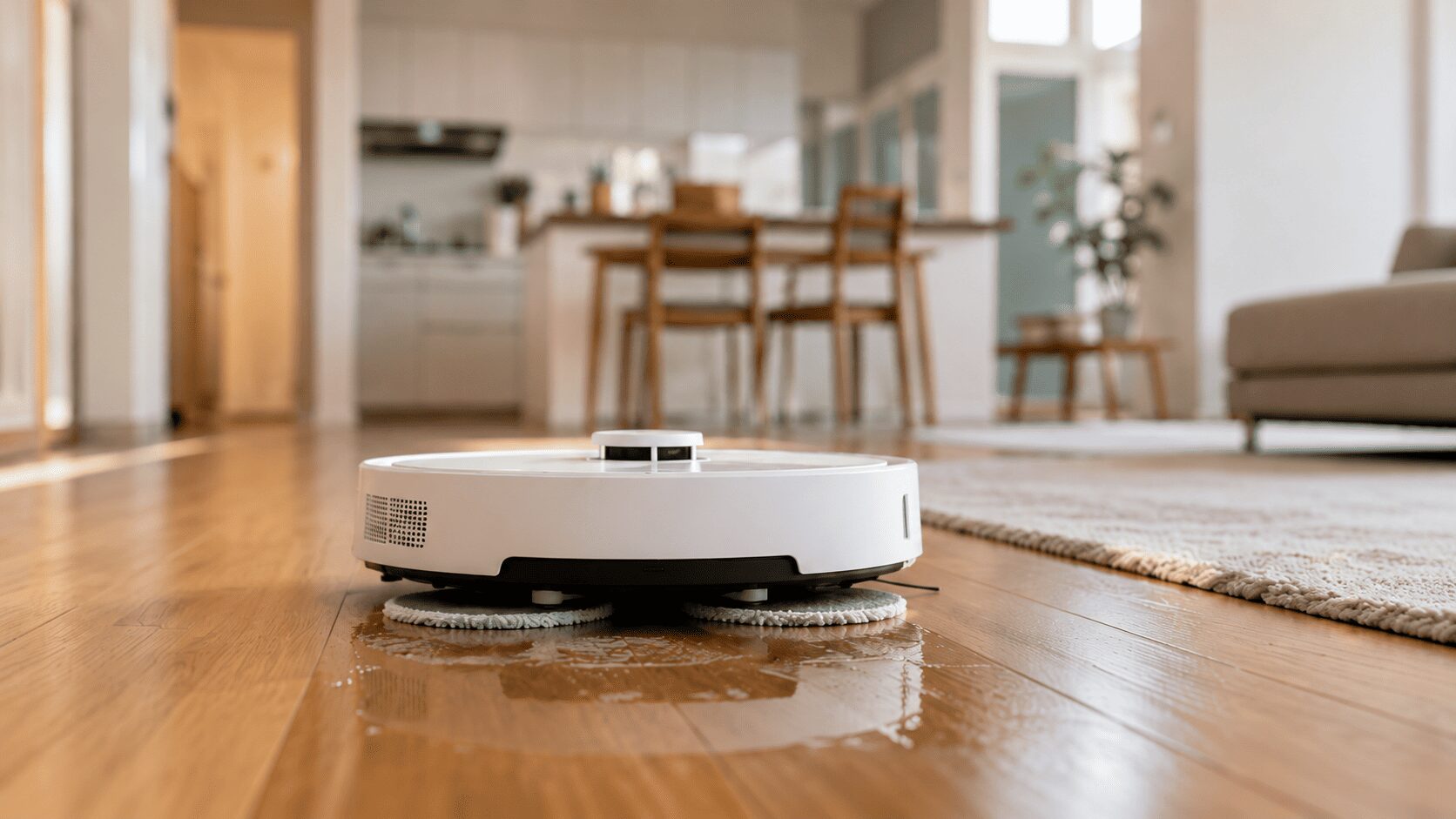 フローリングを水拭きするロボット掃除機とラグの境目がわかる室内