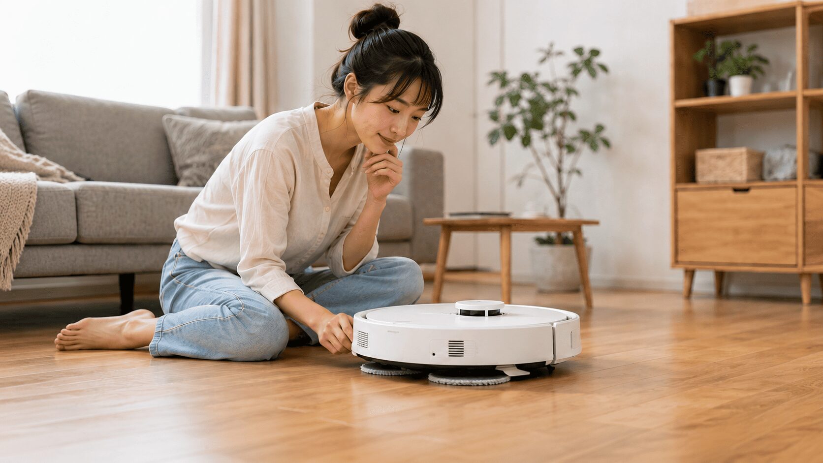 フローリングの部屋で日本人女性が水拭きロボット掃除機を確認している様子