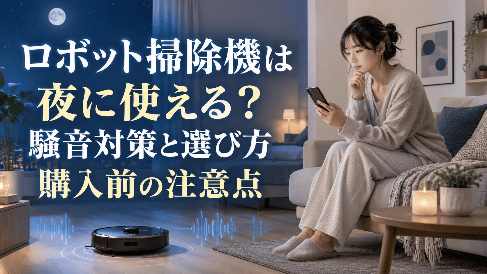 夜の一人暮らしの部屋でロボット掃除機を使う女性が、騒音対策や静音性をスマホで確認するイメージ