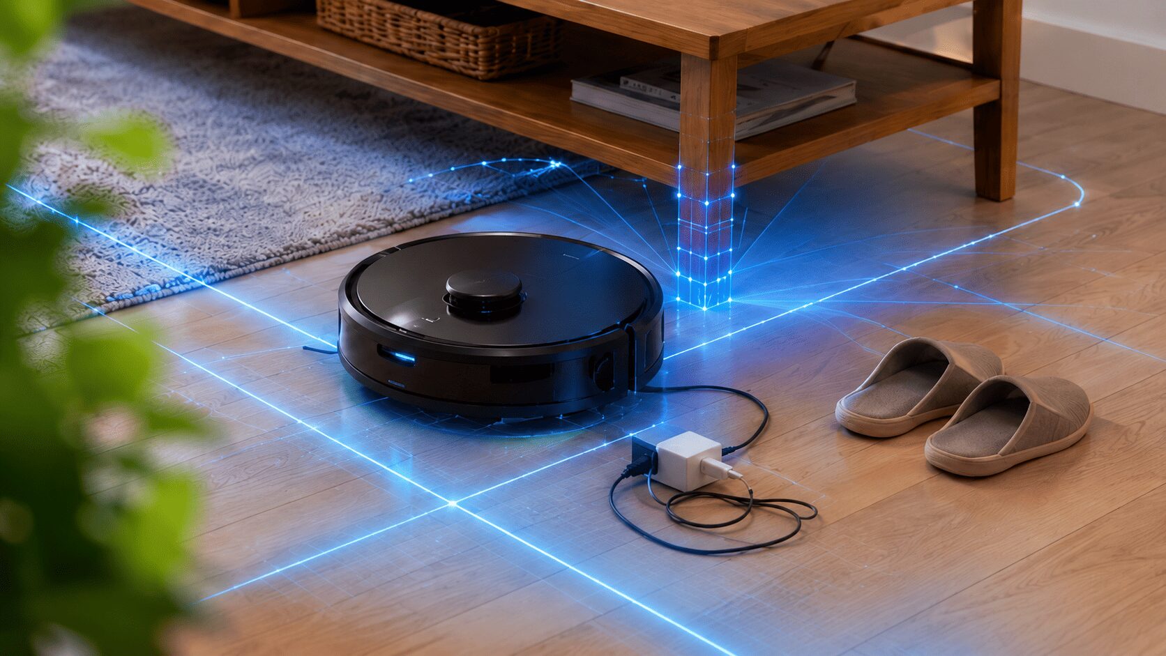 ロボット掃除機が家具やコードを避けながら夜の床を掃除する様子