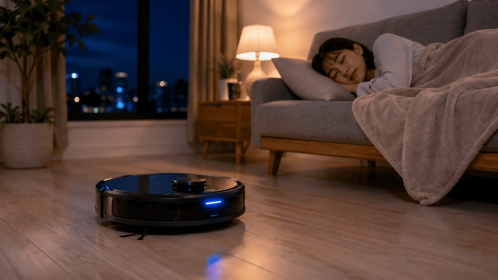 夜のリビングで眠る女性の近くを静かに走るロボット掃除機