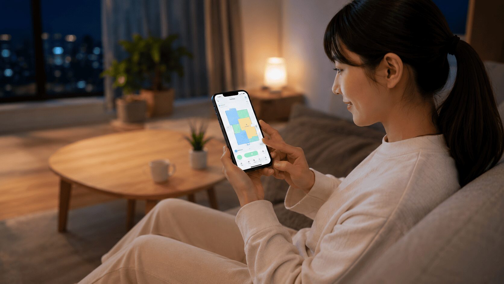 女性がスマホでロボット掃除機の夜間スケジュール設定を確認する様子
