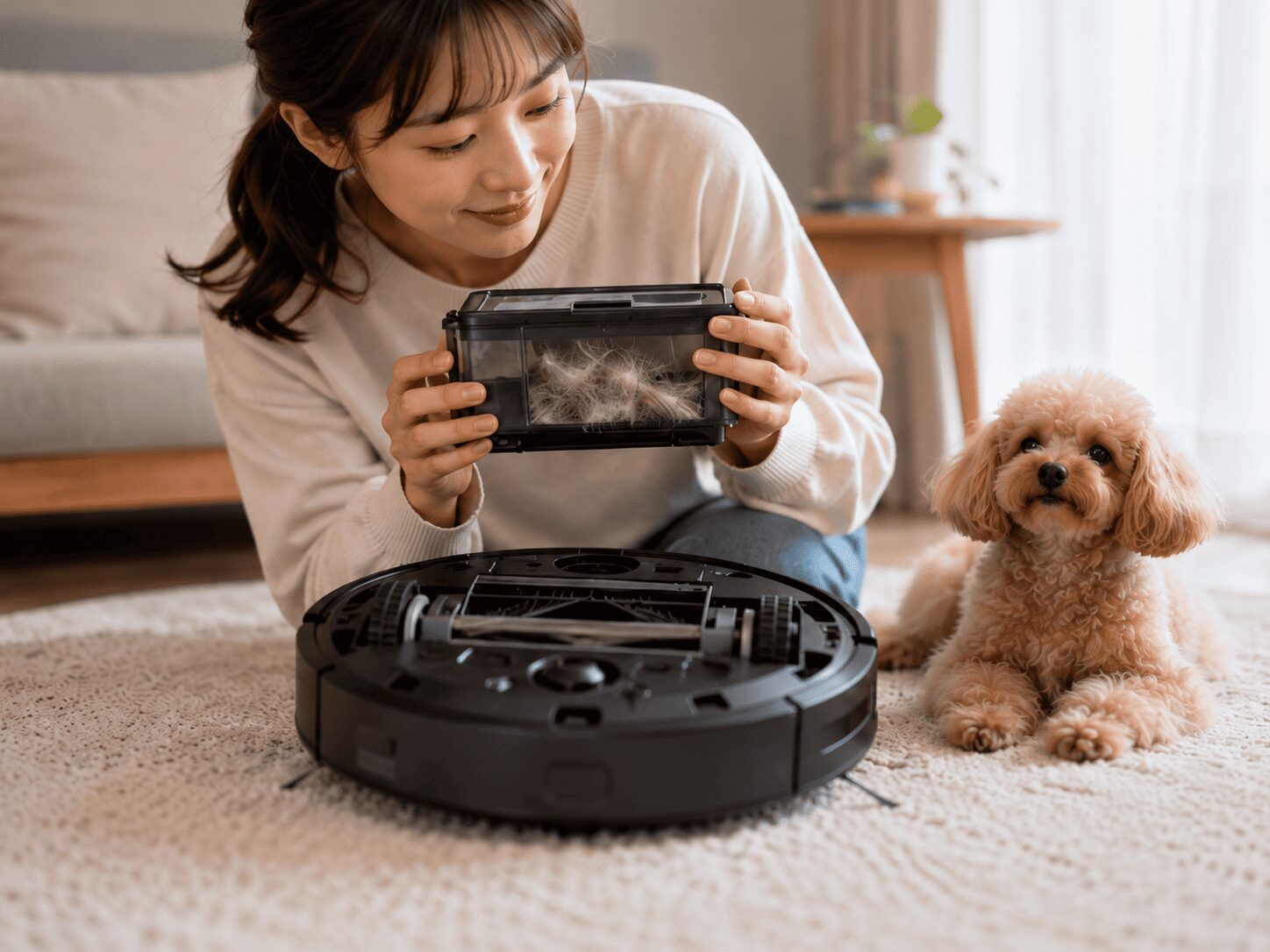 ペットのいる部屋でロボット掃除機のダストボックスを確認する日本人女性。ペット毛や髪の絡まり対策を表した画像