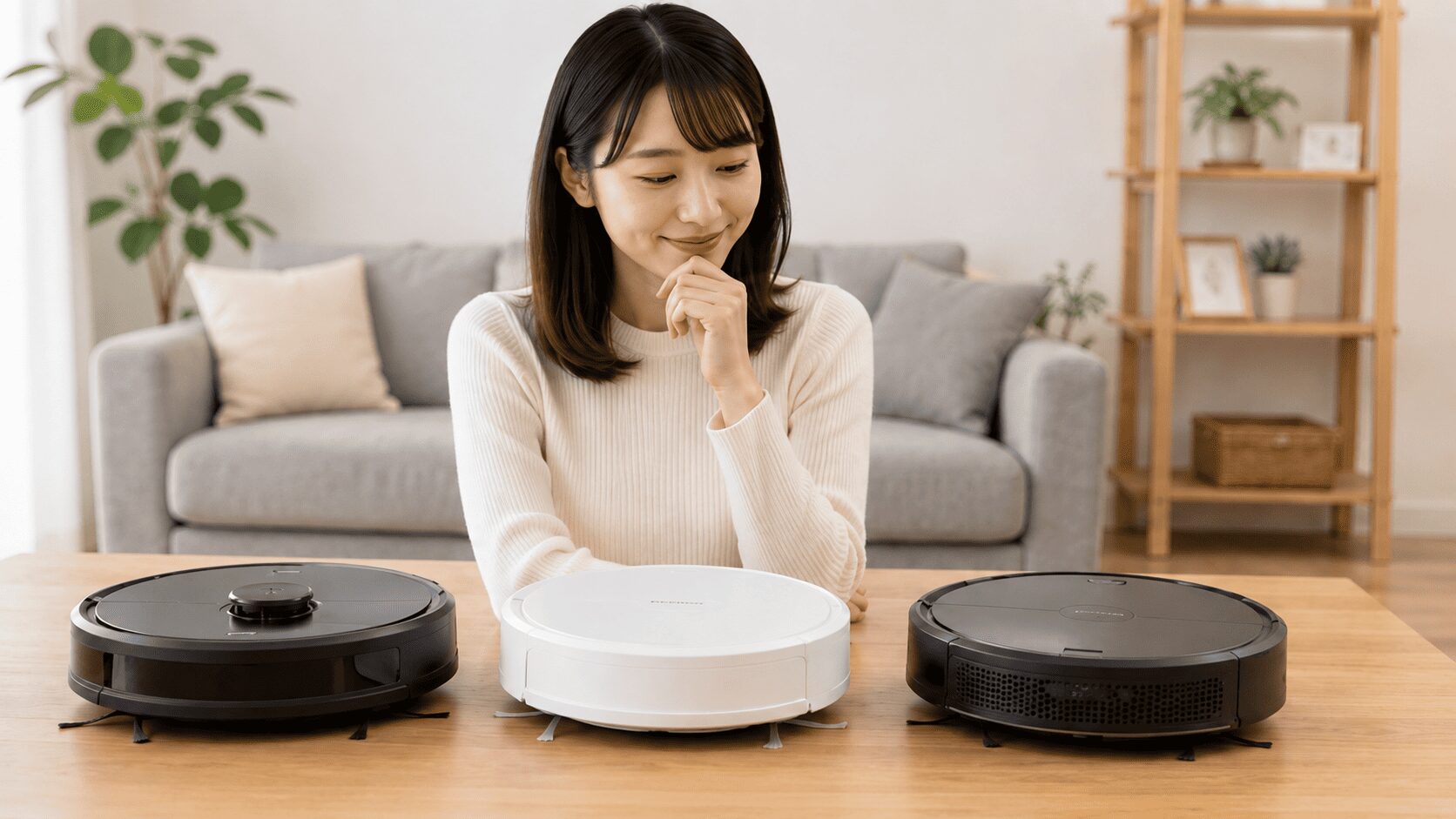 1万円台・2万円台のロボット掃除機3台を比較する女性