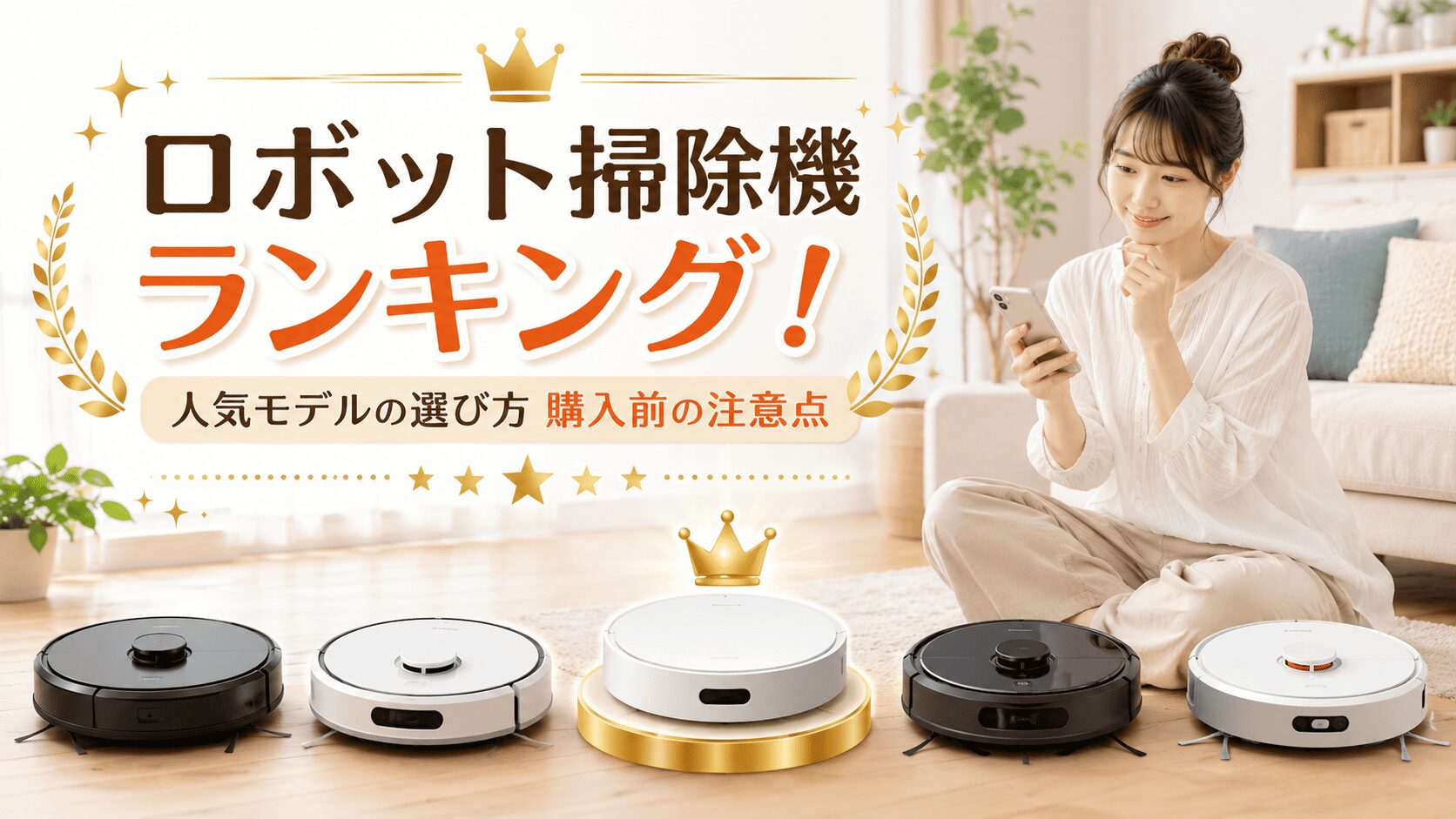 ロボット掃除機の人気モデルをランキング形式で比較し、スマホで選び方を確認する女性のイメージ
