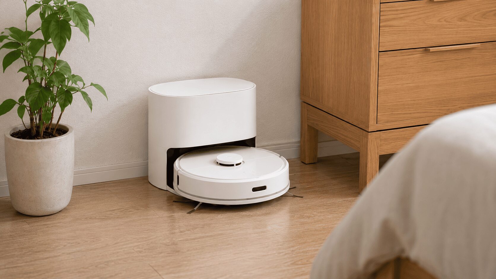 自動集塵ステーションに戻る白いロボット掃除機。ゴミ捨ての手間を減らせる自動集塵モデルのイメージ。