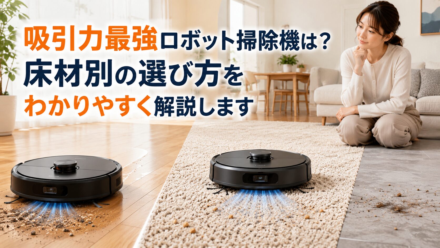 フローリングやカーペットなど床材の違いに合わせて、吸引力の強いロボット掃除機を比較しながら選ぶ女性のイメージ