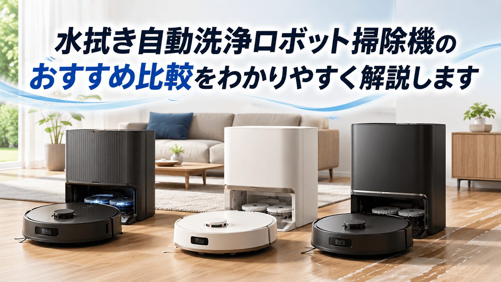 水拭きモップの自動洗浄に対応したロボット掃除機3台と専用ステーションを比較したイメージ