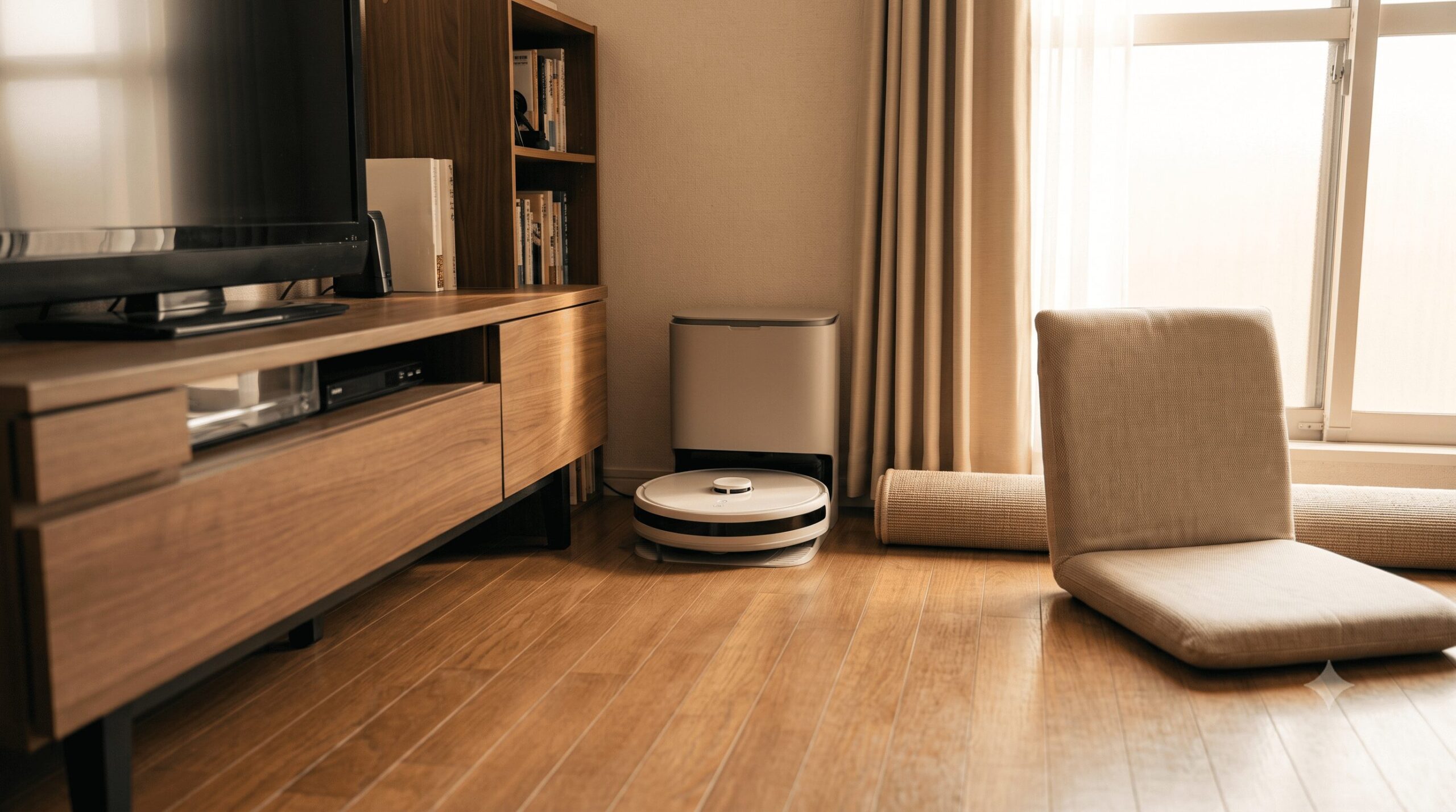 1Kアパートのテレビ台と本棚の間に設置された省スペースな自動ゴミ収集ドックとロボット掃除機